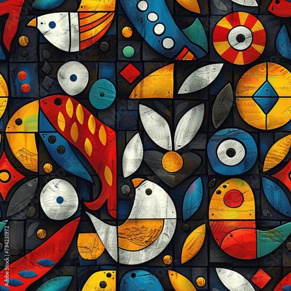 Fototapeta  pattern inspired by Madhubani art, characterized by eye-catching geometrical patterns. Use motifs like fish, birds, turtles, and Hindu deities, outlined in bold black with fills of bright, unmixed co