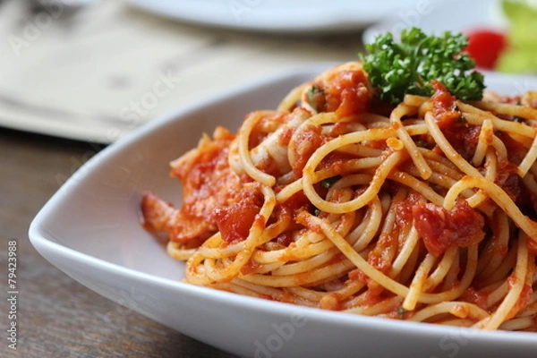 Obraz Fresh spaghetti with tomato sauce close up