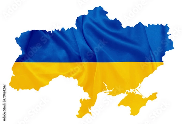 Fototapeta Ukraine - Waving national flag on map contour with silk texture