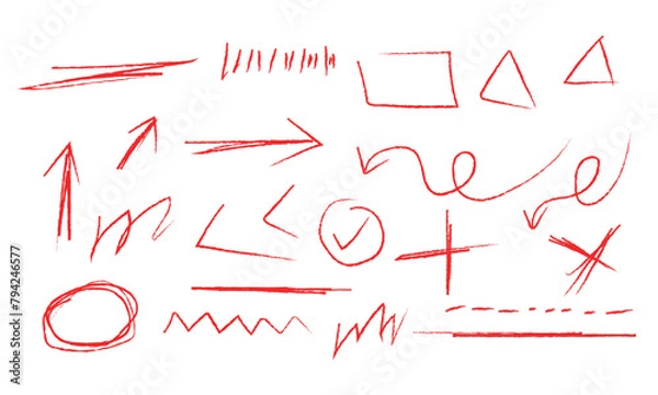 Fototapeta chalk scribble doodle brush arrow. brush line elements set. brush crayon arrow. brush underline