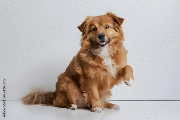 Fototapeta Cute fluffy dog with golden fur and gentle expression, raised paw