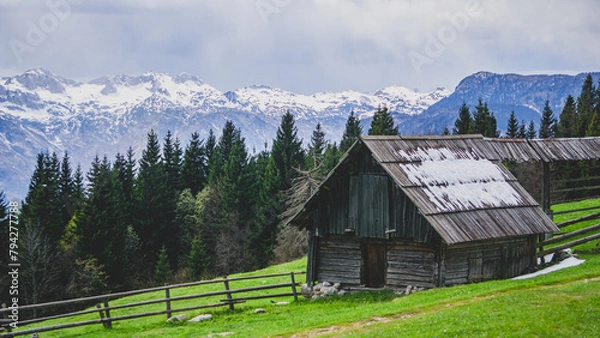 Fototapeta Mountain hut of in Planina Zajamniki on a cloudy day with the snowy mountain at he background