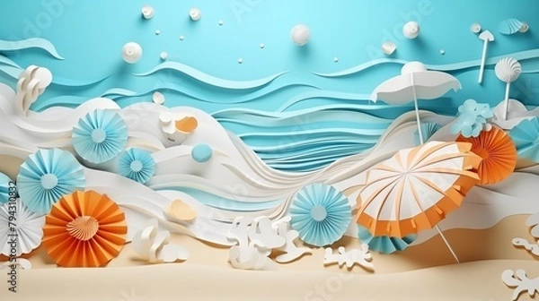 Fototapeta Abstract paper art of summer seascape with sea water splash and beach accessories on the beach.