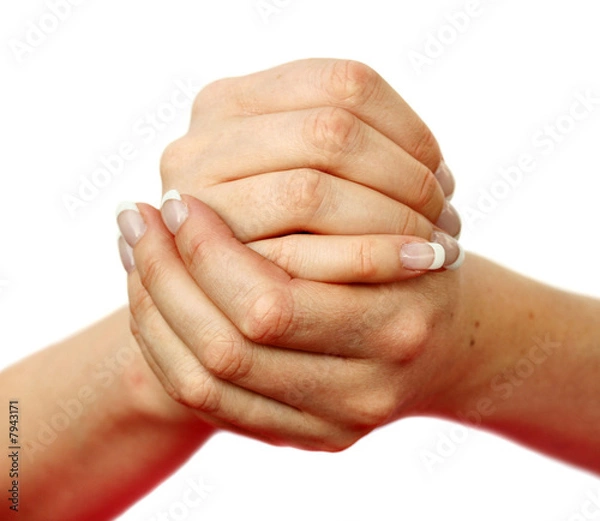 Fototapeta Hand depicting many gestures isolated on a white background