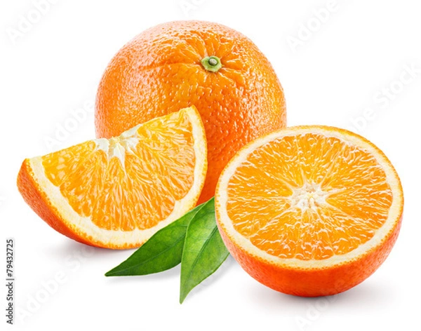 Obraz Orange. Whole, half and slice of fruit with leaves isolated on w