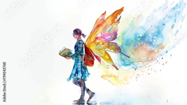 Fototapeta Woman reading a book with fairy wings on white background.