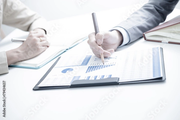 Fototapeta Business people discussing the charts and graphs showing the res