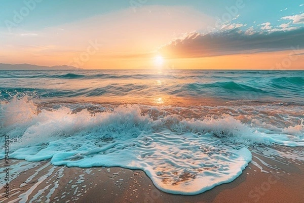 Fototapeta Sunset over the ocean with waves crashing onto the shore under a clear sky.
