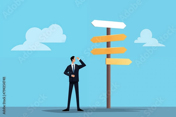 Fototapeta Business graphic vector modern style illustration of a business person next to a signpost representing lost no direction unsure indecisive which way to go or which decision to make