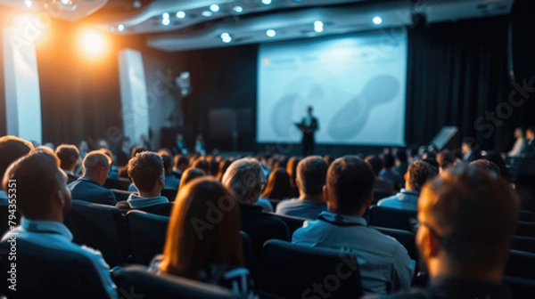 Fototapeta Conferences and seminars in modern hall with stage. Motivational speaker