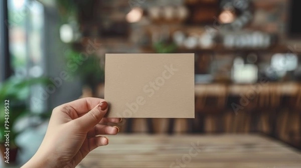Fototapeta greetings card stood up on table, woman hand holding this card, blur effect, focus on the card, simple background.