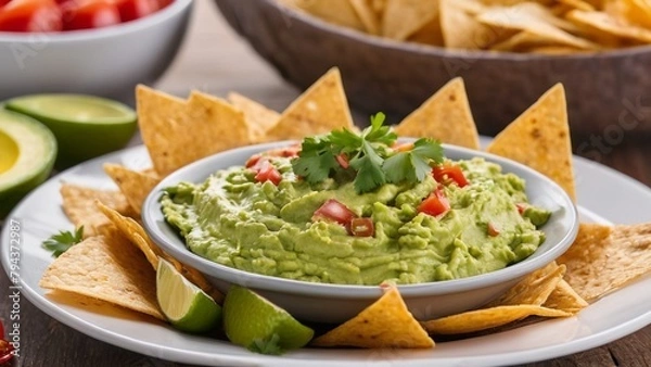 Fototapeta A plate of delicious nachos with melted cheese sauce, ground beef, jalapeno peppers, red onion, green onions, tomato, salsa, and sour cream with guacamole dip.