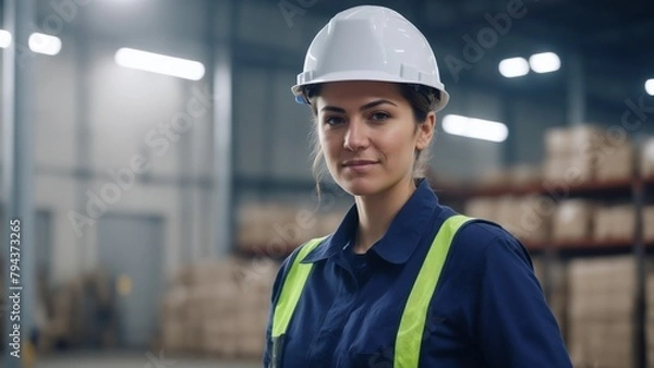 Fototapeta Girl in white helmet at work watching at work