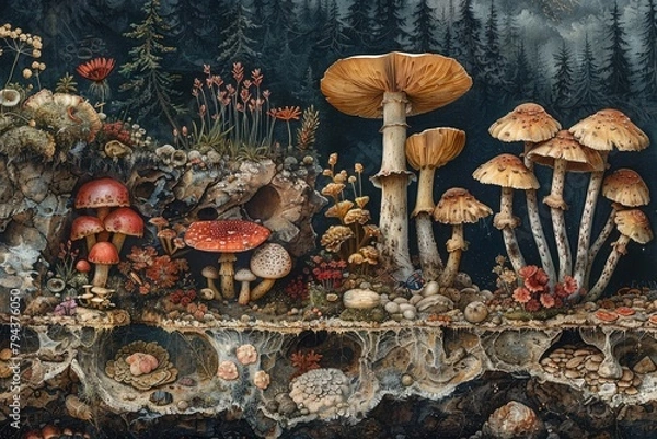Fototapeta Intricate Cross-Section of a Thriving Nutrient-Rich Soil Ecosystem with Diverse Flora and Fauna