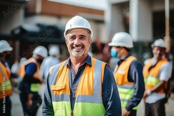 Fototapeta A construction worker wearing a hard hat and a reflective vest is smiling at the camera.