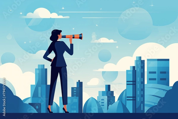 Fototapeta Business graphic vector modern style illustration of a business person with a telescope looking glass binoculars looking for direction searching for employee recruitment new role or career path