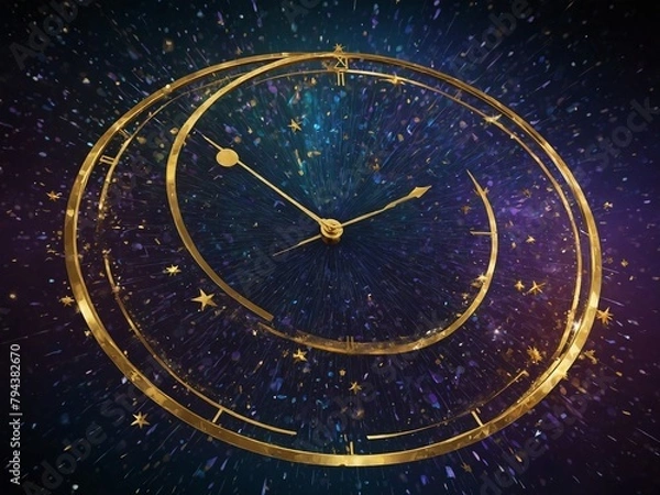 Fototapeta Golden clock with roman numerals finds itself suspended in space filled with stars, celestial bodies, radiating aura of timelessness, infinite universe.