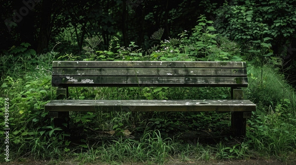 Obraz A wooden bench is sitting in a grassy field
