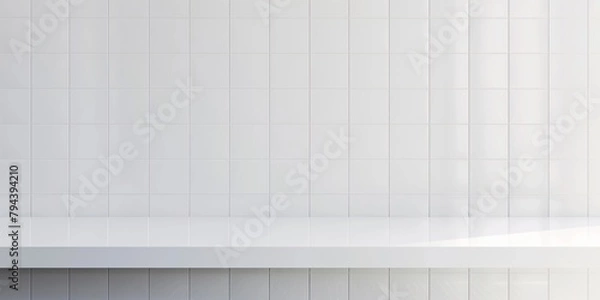 Obraz Empty white marble table top with white ceramic tile wall background,Mock up banner ads size for display or montage of product or your design ,Luxury modern theme
