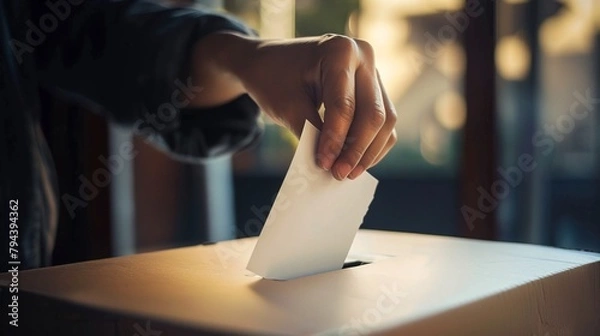 Obraz Hand placing voting ballot in ballot box on blurred polling place, concept of a person voting during elections