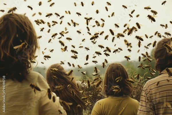 Fototapeta A swarm of bees attacks a group of people