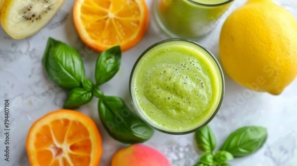 Fototapeta Green healthy smoothie with spinach and apricots, healthy drink, fruit dieting