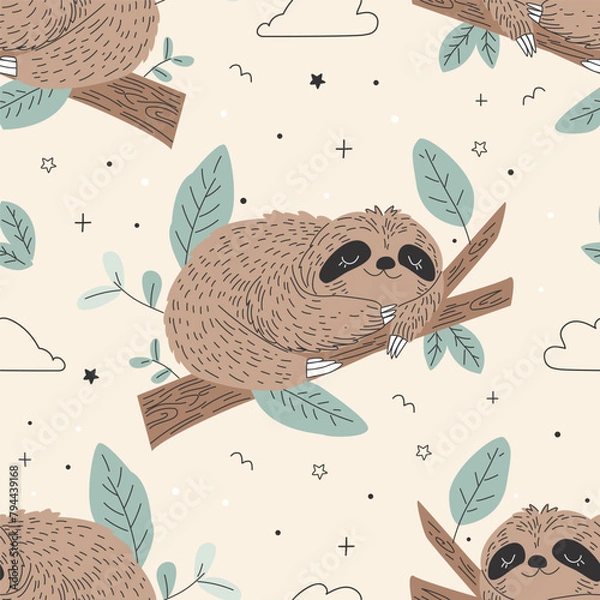 Fototapeta Seamless pattern with a cute sloth on a colored background. Vector illustration for printing. Cute children's background.