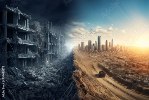 Fototapeta Concept on the theme of war and return to normal life. Photorealistic illustration depicting in detail and realistically the consequences of a great destructive war and the emergence of a new world in