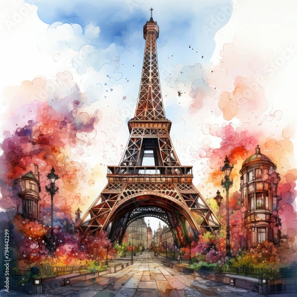 Fototapeta Watercolor Eiffel tower, clipart Illustration, Generative Ai