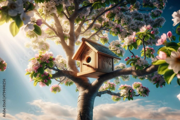 Fototapeta Wooden birdhouse on a tree in the farm park zone. Simple birdhouse design. Shelter for bird breeding, nesting box on a tree. photorealistic image of a birdhouse on the branches of a leafy tree