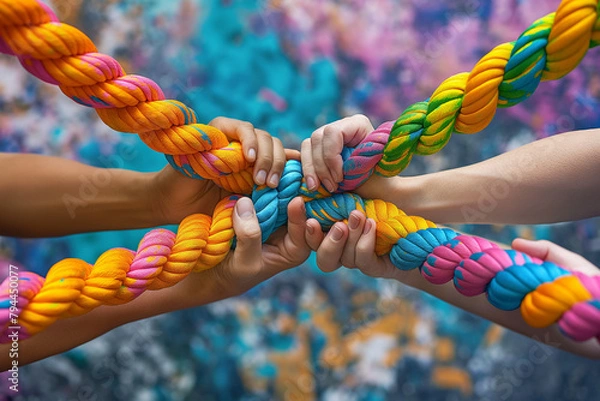 Fototapeta climbing rope and knot, Embrace the power of teamwork and unity with this captivating image featuring a team rope symbolizing strength, connectivity, and partnership