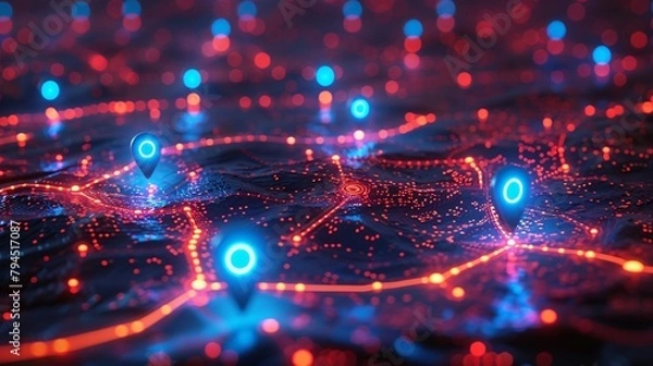 Fototapeta Digital GPS, neon map pin location.  Innovation navigation technology concept, network connection, information pointers