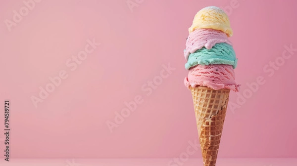 Fototapeta stacked colorful ice cream scoops in a waffle cone against a pink background for a sweet treat concept