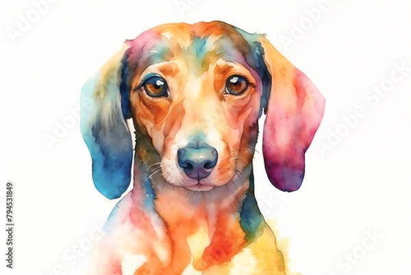 Obraz Watercolor Dachshund isolated on white background. Pet portrait with copy space...