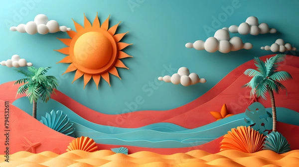 Fototapeta Paper cut 3d summer illustration with sun and bright background with copy space, very detailed and realistic