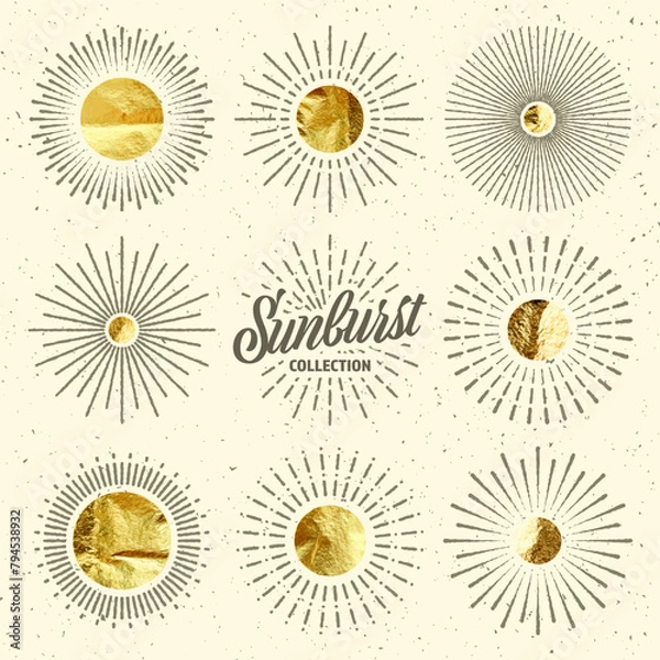 Fototapeta Vintage grunge sunburst sunset beams. Gold foil, shiny handmade circles. Golden glittering texture, pattern. Hand drawn bursting sun, light rays. Logotype, lettering, retro style. Vector illustration