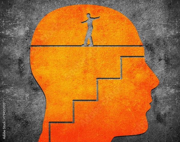 Fototapeta head with staircase and tightrope walker digital illustration