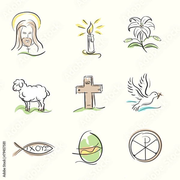 Fototapeta Set of Easter Christian symbols and spring illustrations