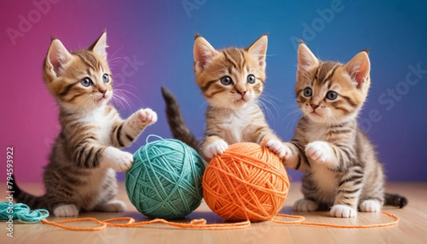 Obraz Playful Kittens with Yarn Balls