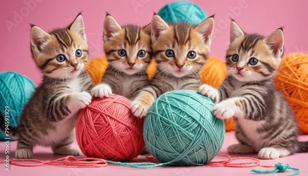 Obraz Playful Kittens with Yarn Balls