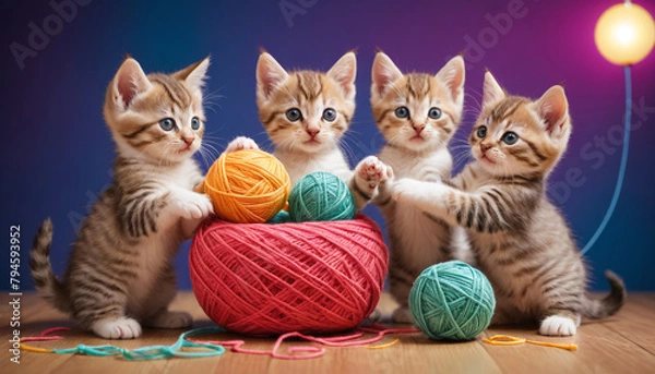 Obraz Playful Kittens with Yarn Balls