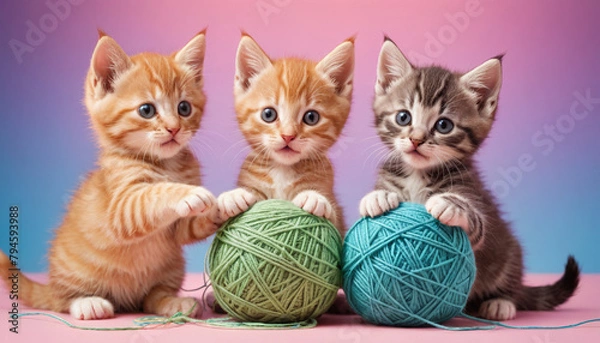 Obraz Playful Kittens with Yarn Balls