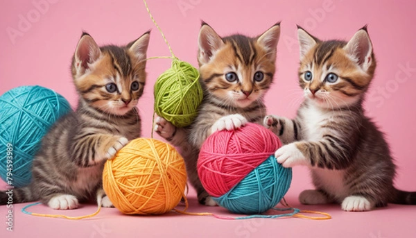Obraz Playful Kittens with Yarn Balls