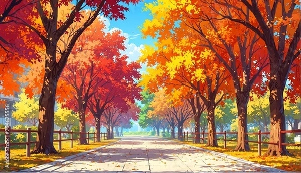 Fototapeta walkway in park at autumn art anime cartoon style background from Generative AI