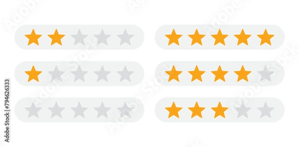 Fototapeta Product rating or customer review with gold stars set collection. Graphic symbol flat design interface illustration elements for app ui ux web banner button vector isolated on white background