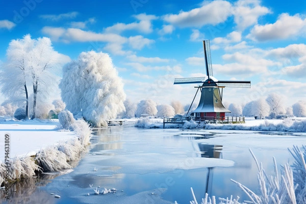 Obraz Winter at Windmill, Netherlands A snow-covered traditional windmill under a crisp blue winter sky at Zaanse Schans, ideal for seasonal travel photos expressing the quiet and pristine nature of winter