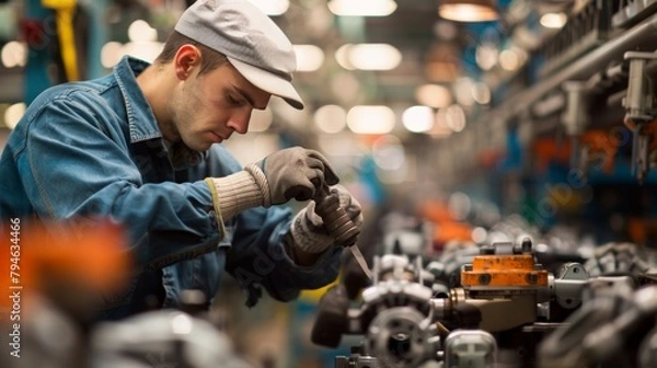 Fototapeta Assembly line worker assembling automotive parts