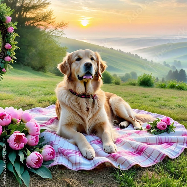 Fototapeta a golden retriever sits on a blanket in a field among flowers. dog on a picnic.
