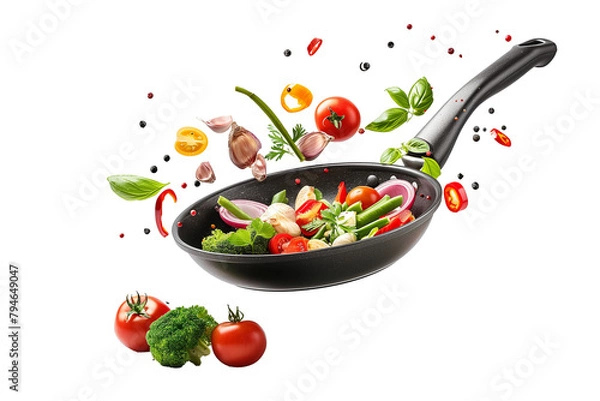 Fototapeta Vegetables fall into a black frying pan on a transparent background. Healthy food concept	
