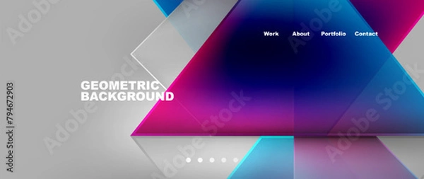 Obraz A geometric background with colorful triangles in purple, violet and electric blue shades on a gray backdrop. The design features rectangles and a modern font for communication devices and gadgets